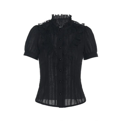 Cotton Shirts Women Vintage Gothic Black White Jacquard Short Sleeve Blouses Elegant Office Lady Y2k Tops