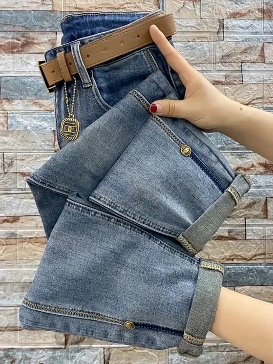 High Waist Straight Jeans Loose Fit Stretch Haren Denim Pants