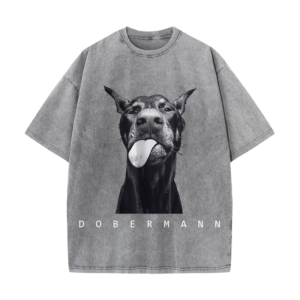 Camisetas femininas de algodão lavadas, moda criativa, estampa de Doberman, manga curta, gola redonda, folgadas, estilo destroyed, roupas femininas de rua