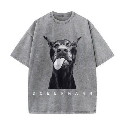 Camisetas femininas de algodão lavadas, moda criativa, estampa de Doberman, manga curta, gola redonda, folgadas, estilo destroyed, roupas femininas de rua
