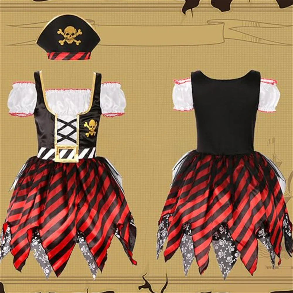 Girl Pirate Cosplay Costume Costume Halloween Pirate Jack Three-piece Suit Kids Stage Performance Clothes with Hat and Eye Mask