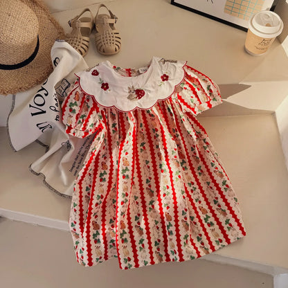 Kid Girl Adorable Short Sleeve Dress Red White Vertical Stripes Bunny Strawberry Print Peter Pan Collar Skirt for Children