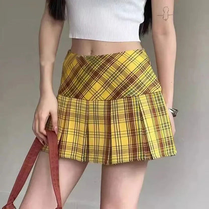 Summer Chic Korean Lady Thin Wrap Hip Skirts Female Retro High Waist A-line Skirts Women Fashion Plaid Designer Skirts