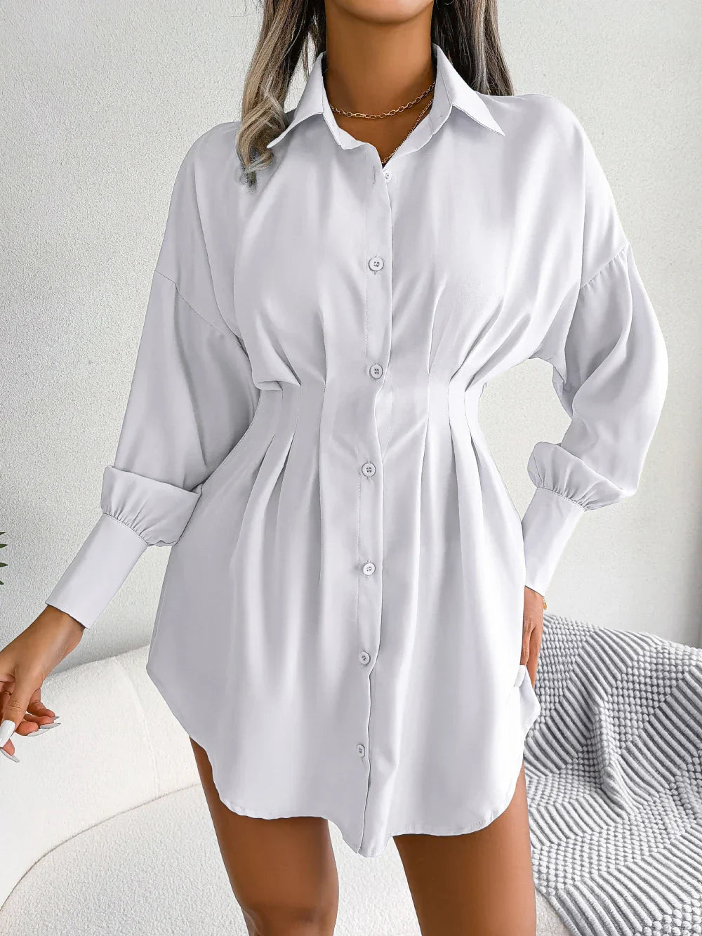 Women Casual Buttons Long Sleeve Shirt Dress Autumn 2026 Solid Color Lapel Mini Dress White Blue Army Green Woman Clothing