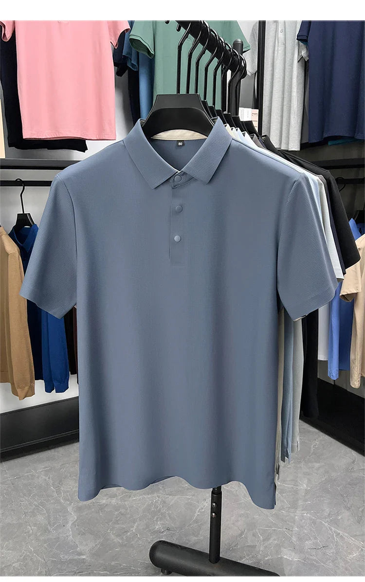 Summer Short Sleeve T-Shirt - Premium Jacquard Spandex, 7A Antibacterial, Seamless, Contrast Color, Split Hem, Wrinkle-Free Polo