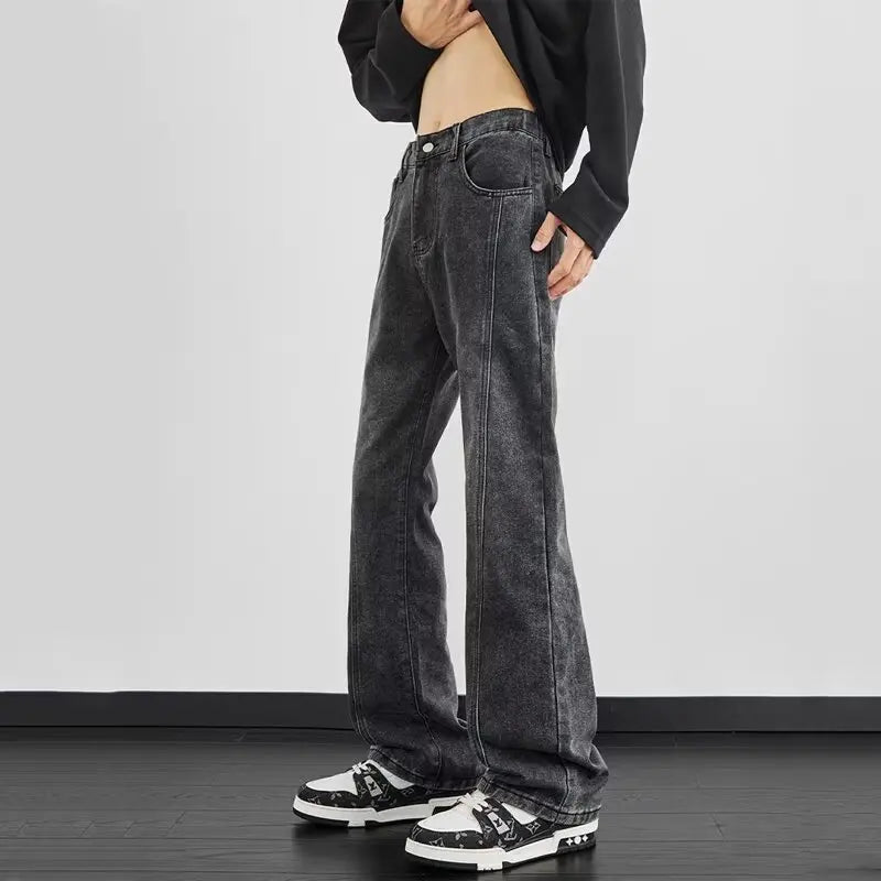 Black high-end micro flared jeans men's style 2025 spring new flared pants American high street curved casual pants