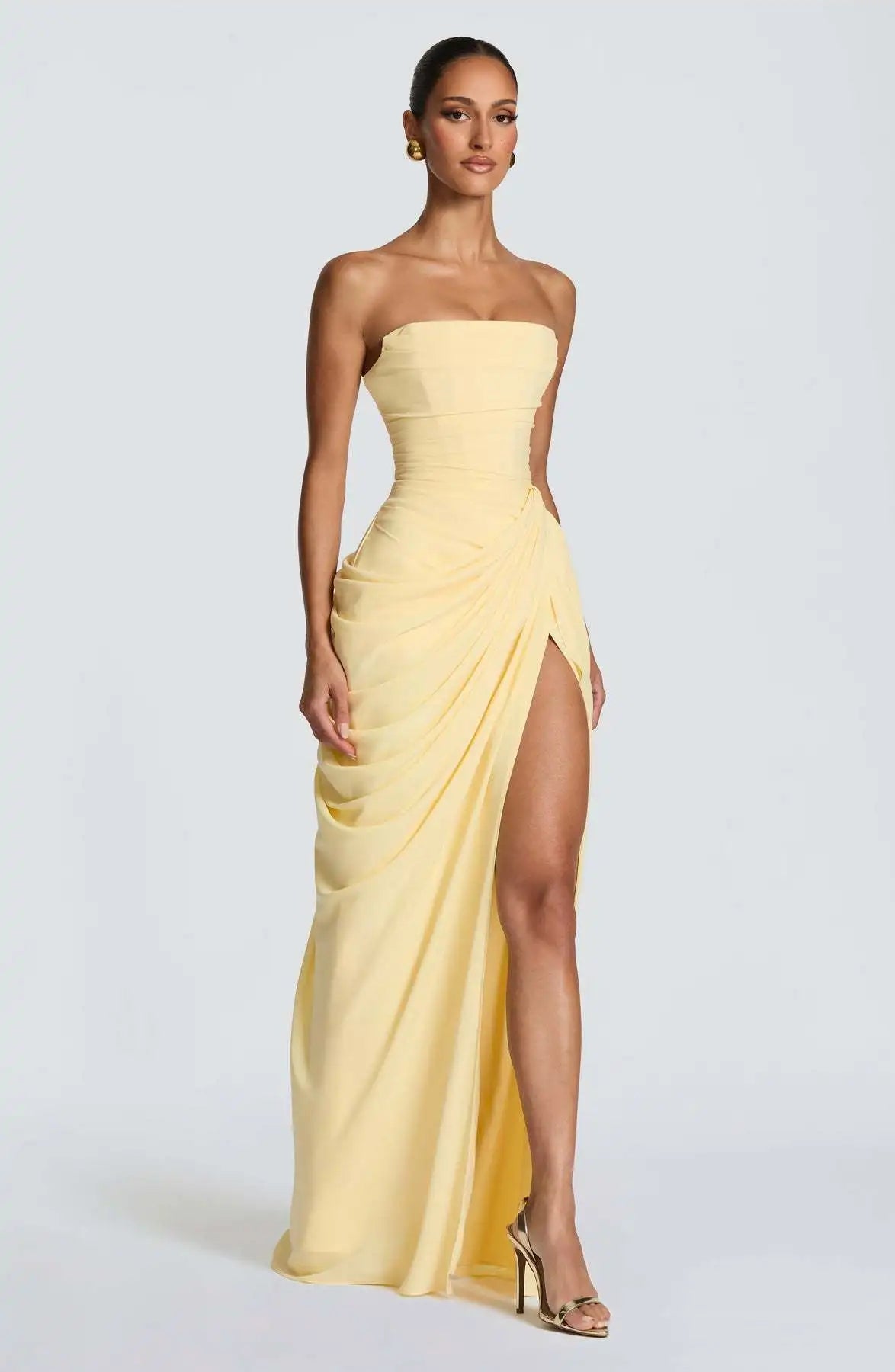 Women Sexy Solid Pleated Strapless Dress Lady Chic Off-shoulder Backless High Waist Split Dresses 2026 New Evening Party Gown