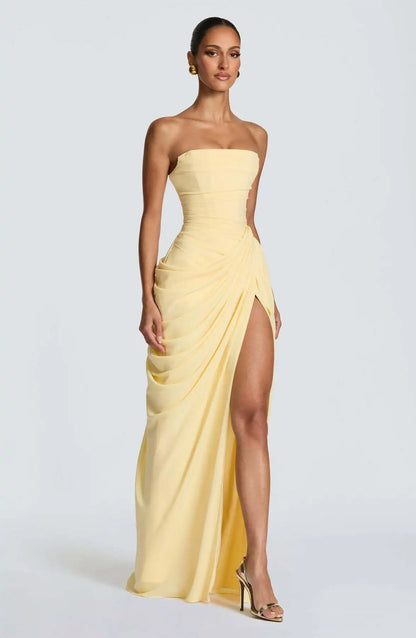 Women Sexy Solid Pleated Strapless Dress Lady Chic Off-shoulder Backless High Waist Split Dresses 2026 New Evening Party Gown