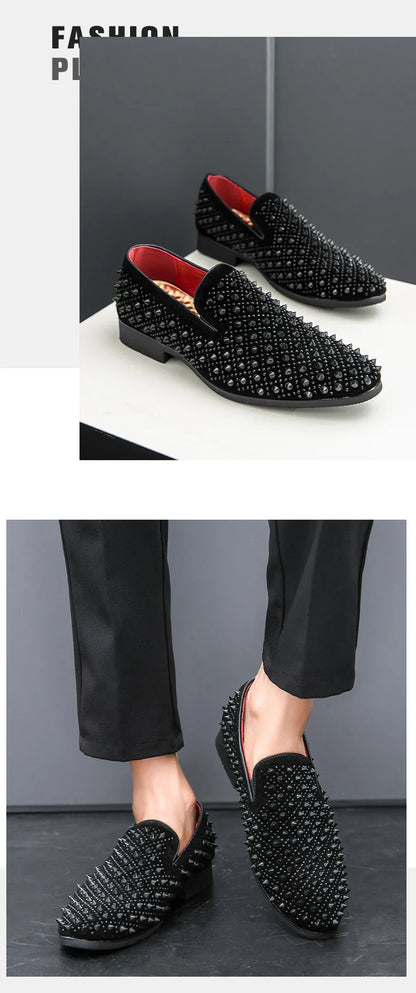 Hairdresser personality trend rivet hot diamond Loafers men's British vintage rhinestone shoe hipster leather shoes