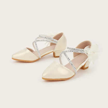 2025 Summer New Fashion Flower Girls' Princess Shoes Crystal Performance Children's Sandals Pointed Toe Children's High Heels