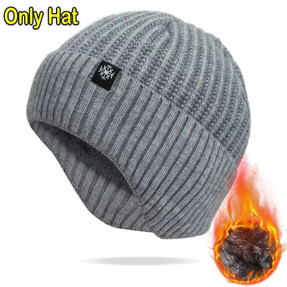 Outdoor Men Winter Knitted Hat Plush Warmth Peaked Cap Earmuff Casual Fashion Faux Fur Lined Bomber Hats Cycling Ear Protection
