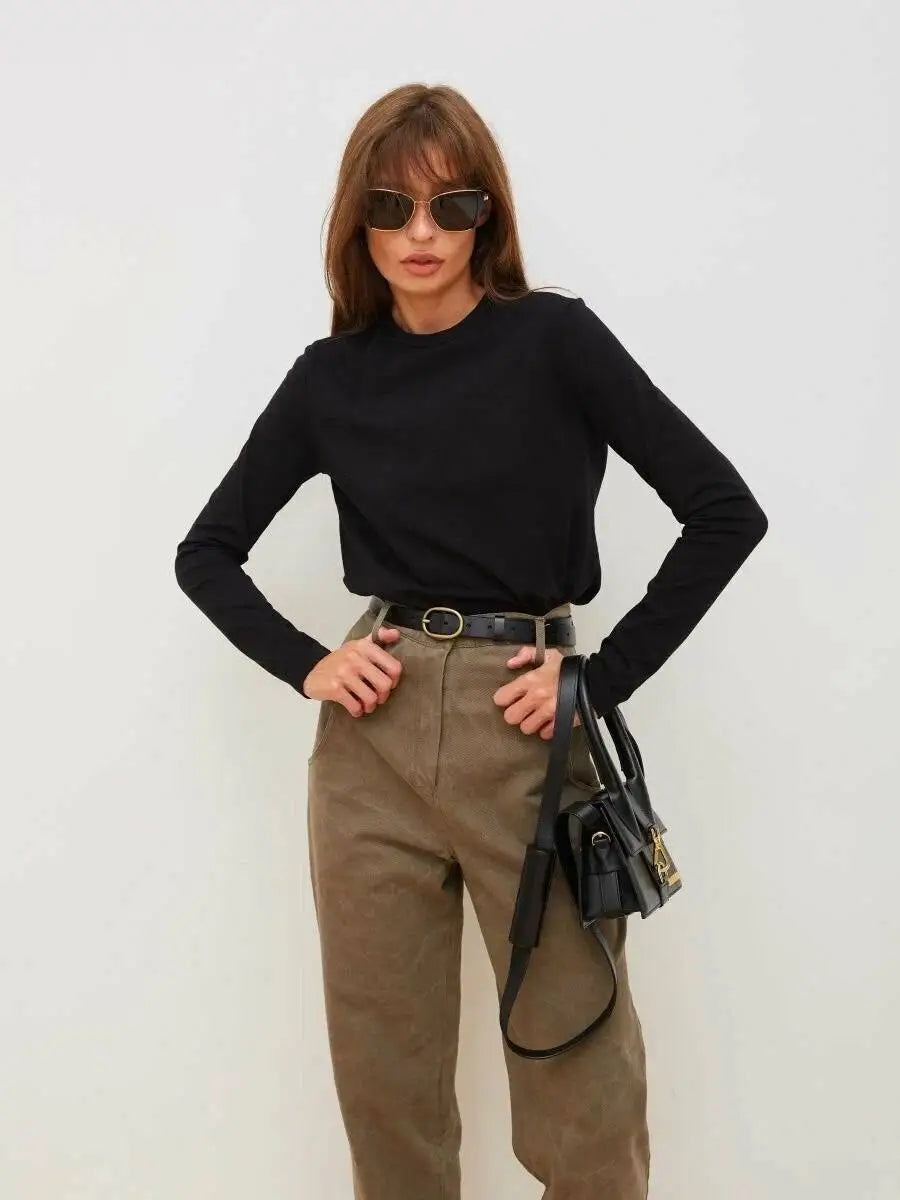 Women's Spring Autumn 100% Cotton T-shirt Bottoming Basic Solid Lady Long Sleeve Loose Tops Shirts Oversized T Shirt