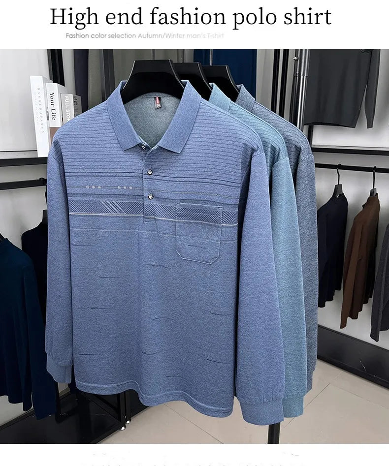 High quality striped printed long sleeve polo shirt men's fashion light luxury pocket autumn new business casual lapel T-shirt