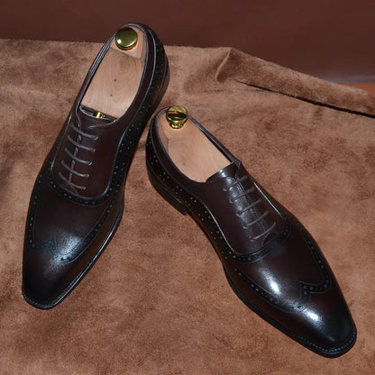 Luxury Mens Wingtip Oxford Dress Shoes Genuine Leather Brogue Dark Brown Lace-up Pointy Toe Business Office Wedding Formal Shoes
