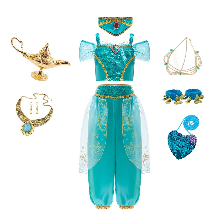 Girl Jasmine Two-piece Set Halloween role-playing Jasmine Princess Suit + Magic Lamp Props Stage Performance Costume