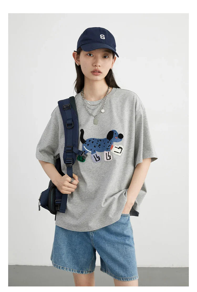 CHIC VEN Camisetas Femininas Soltas Streetwear Unissex Divertido Cão Bordado Manga Curta Algodão Blusas Menina Femininas Verão 2025