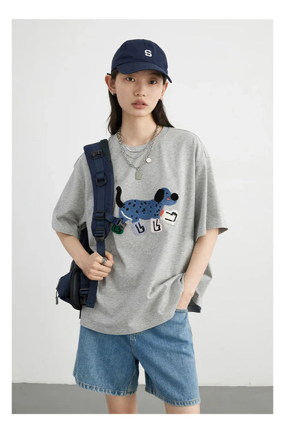 CHIC VEN Camisetas Femininas Soltas Streetwear Unissex Divertido Cão Bordado Manga Curta Algodão Blusas Menina Femininas Verão 2025