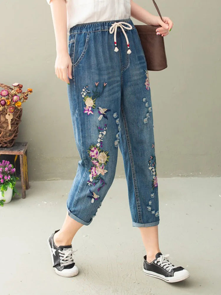 Summer Women Vintage Floral Loose Denim Pants Chinese Style Casual Ripped Blue Jeans Holes Elastic Harem Trousers