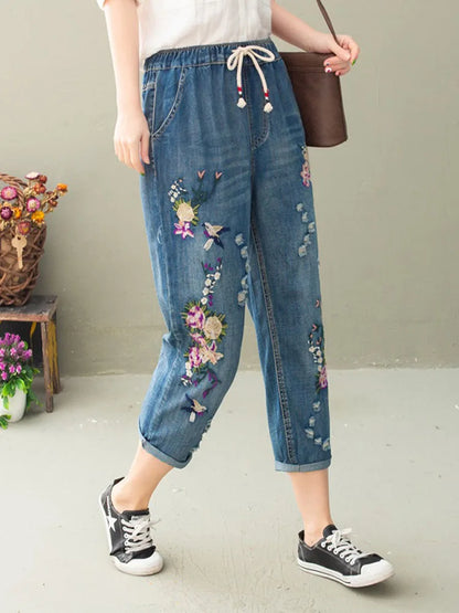 Summer Women Vintage Floral Loose Denim Pants Chinese Style Casual Ripped Blue Jeans Holes Elastic Harem Trousers