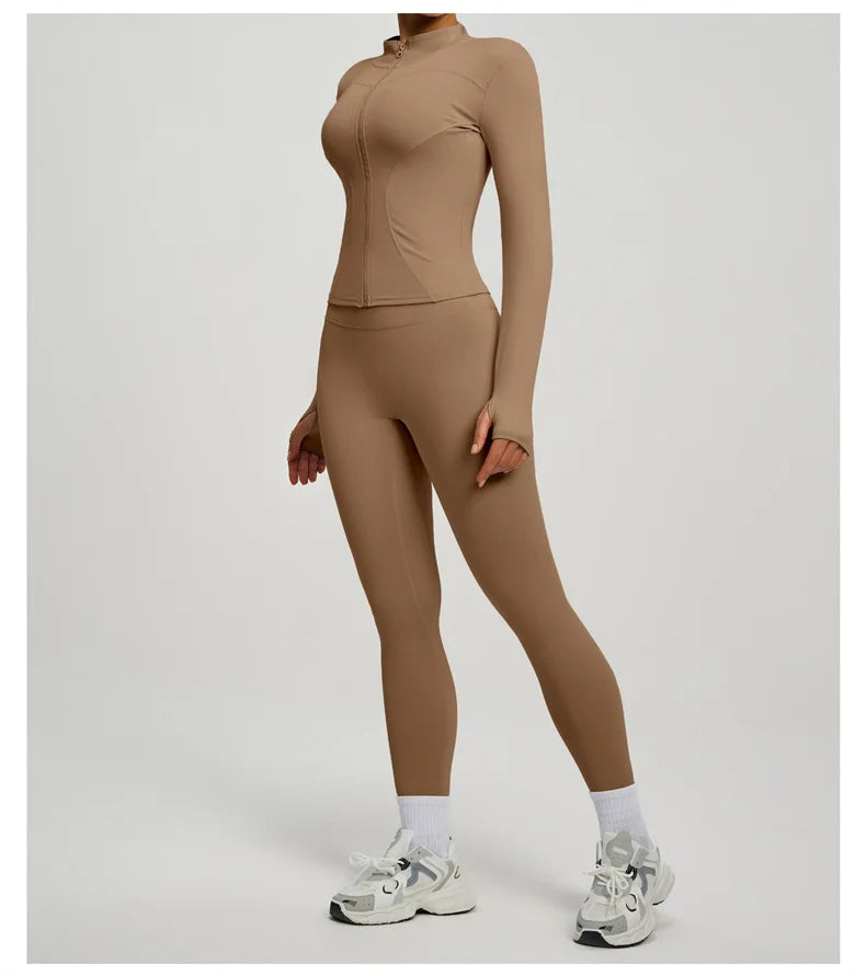 Yoga Coat Sports Top Long Sleeve Jacket Fitness Breathable Women's Tracksuit High Waist Leggings Two Piece Set Gym Clothes