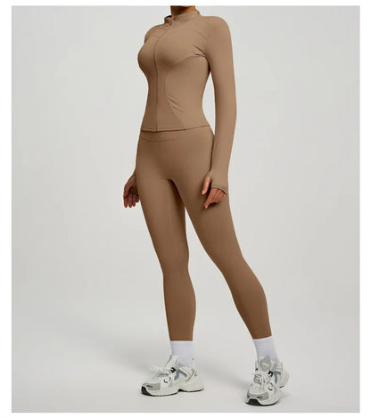 Yoga Coat Sports Top Long Sleeve Jacket Fitness Breathable Women's Tracksuit High Waist Leggings Two Piece Set Gym Clothes