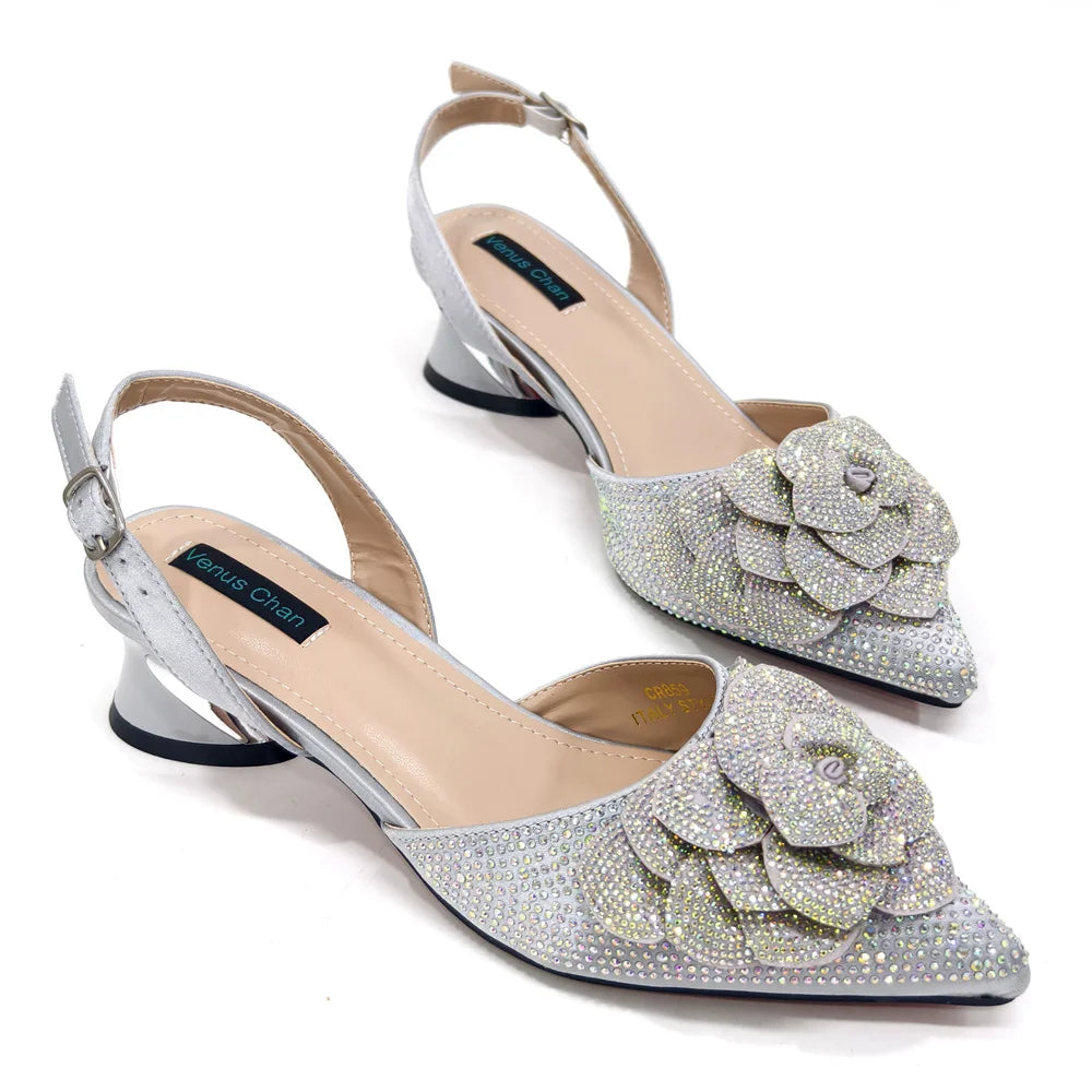 Evening Shoes and Bags Set with Full Diamond Handmade Petal Clutches Pointed Toe Peach Color Mid-Heel Women Shoes