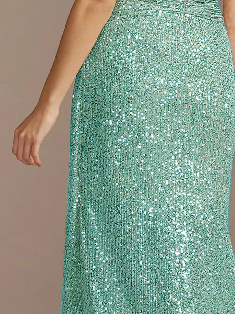 Vestidos de Noite Luxuosos Longos até o Chão Decote V Feminino Elegante para Festa de Casamento Vestido Maxi Lantejoulas Mangas Curtas Vestidos de Baile Coquetel