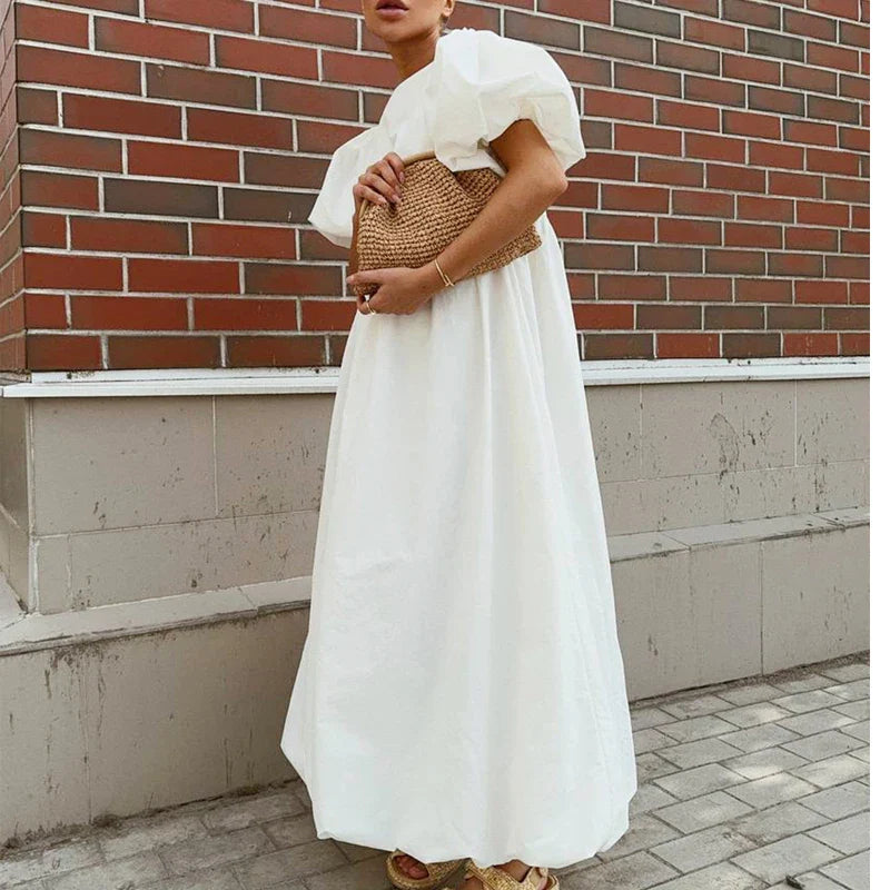 2026 Women Summer Puff Sleeve Bohemain White Long Dress High Waist Loose Style Cotton Boho Maxi Dress Vestidos Clothes