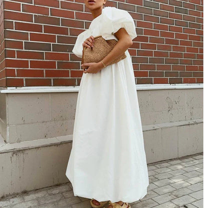 2026 Women Summer Puff Sleeve Bohemain White Long Dress High Waist Loose Style Cotton Boho Maxi Dress Vestidos Clothes