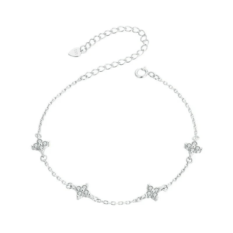 925 Sterling Silver Bracelet, White Gold Plated Shiny Zircon Flower Bracelet for Women Girl Classic Temperament Jewelry