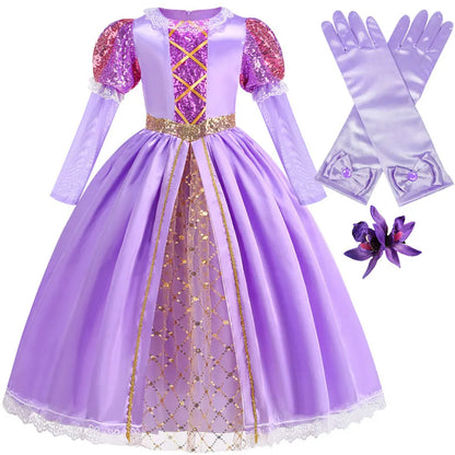 Short Sleeve Purple Puffy Dress + Accessories Girls Cosplay Rapunzel Summer Casual Dress Birthday Party Gift