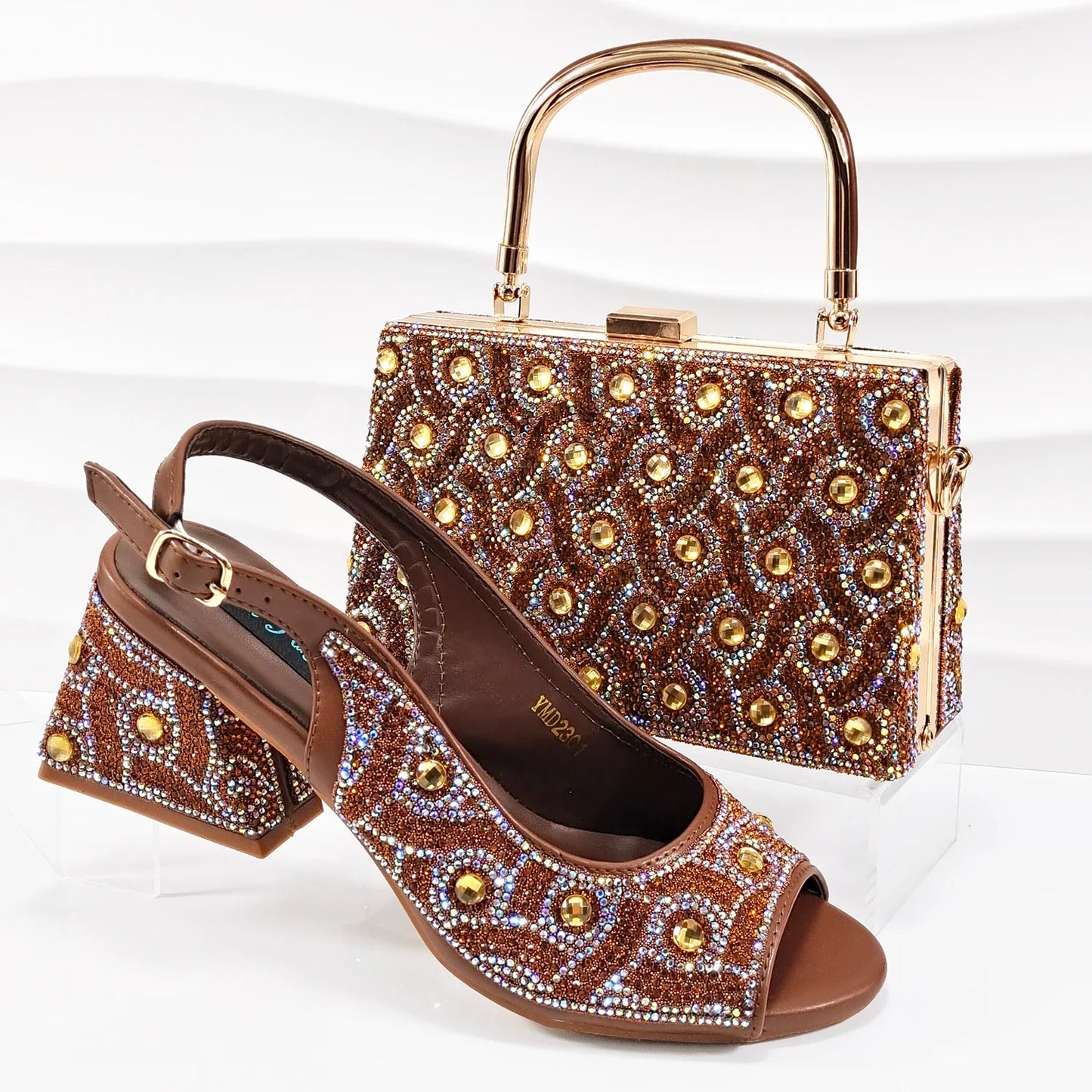 2026 Strass Design INS Mais Vendido Recém-chegados Sapatos e Bolsa Africanos na Cor Verde Salto Confortável Feminino de Bico Aberto