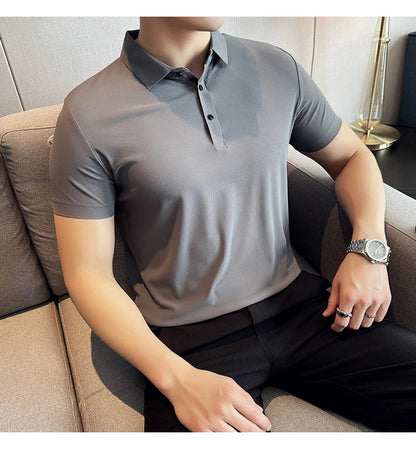 Ice Silk High Elastic Seamless T-shirt ,Summer Thin Polo Shirt, Solid Color Polo Collar Short Sleeve Brown Top, Business Leisure