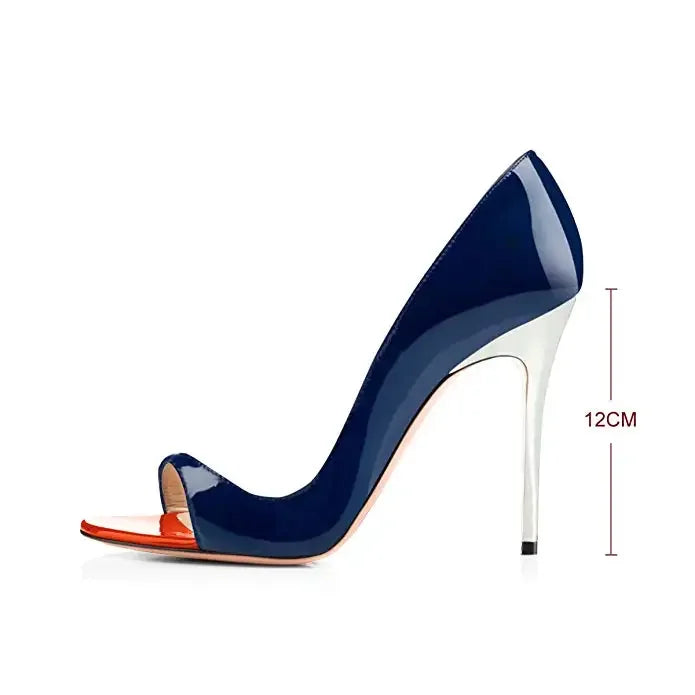 New black patent leather and red lining 12cm sexy fish mouth shoes, shallow mouth super high heels, plus size shoes 33-46