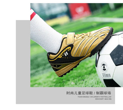 Fashion Gold Children's Football Shoes Outdoor Non-slip Turf Soccer Shoes Kids HOOK&LOOP Low-cut Sports Sneakers Child Trainers