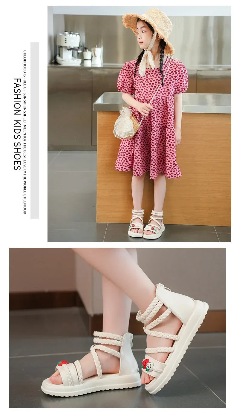 Kids Girls GLADIATOR Sandals Open Toe Knitted Strawberry Summer Non Slip Flat Fashion Children Casual Shoes Roman Shoes Simple