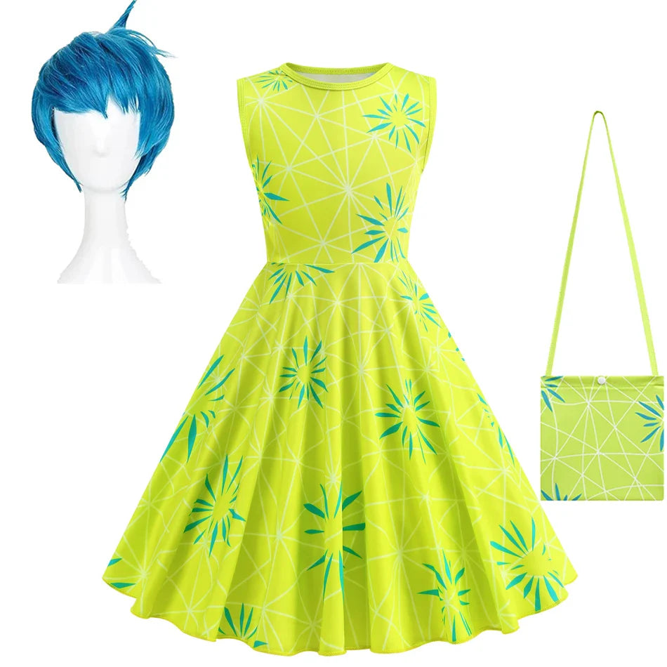 Inside Out Sadness Dress Girls Halloween Joy Cosplay Costume Children Cartoon Movie Role Play Print Frock Kid Fantasy Party Gown