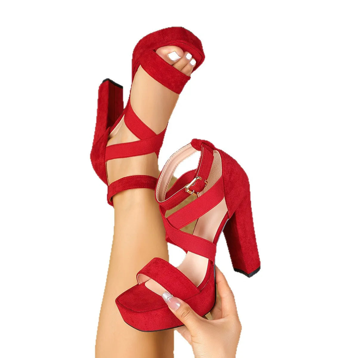 Suede High Heels Fashion New Square Toe One Word Band Platform Sandals For Women Non-Slip Thick Heel 12.5CM Summer Female Shoes