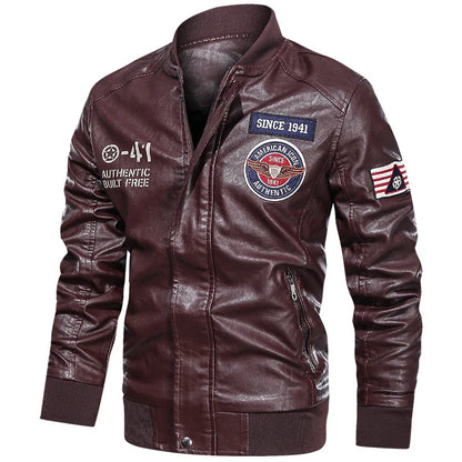 Men’s PU leather motorcycle jacket, color block pilot style, baseball collar, spring autumn, M–XXL