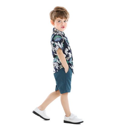 2026 Gentleman  Kids Boys Party Clothing Set Print Hawaii Style Short Sleeve Shirt +Short Pants Formal Suit Seaside Outfits 2Pcs