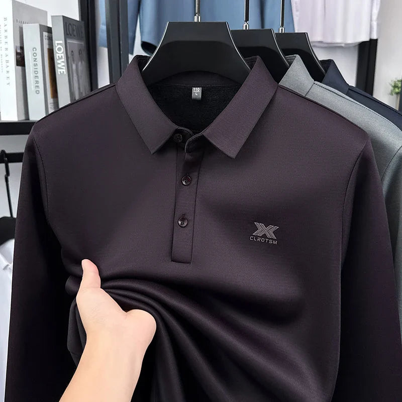 2025 Winter Men's Fashion New Collection with Velvet Long Sleeve T-shirt, Collar with Mulberry Silk and Wool Warmth POLO Sweater