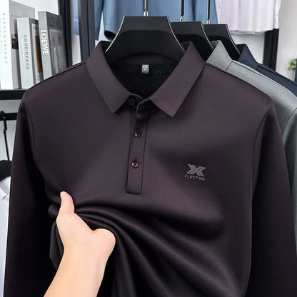 2025 Winter Men's Fashion New Collection with Velvet Long Sleeve T-shirt, Collar with Mulberry Silk and Wool Warmth POLO Sweater