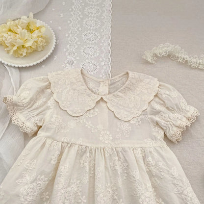 2026 Summer New Pure Cotton Embroidered Floral Short Sleeved Girl's Dress 2-6Yrs Versatile Adorable Korean Style Dress