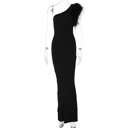 Black Sleeveless One Shoulder Maxi Dress For Women Bodycon Sexy Party Elegant Long Dress Birthday Evening Outfit