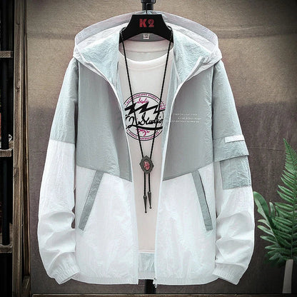 Summer Men's Sun Protection Shirt Thin Quick Drying Hood Windproof Jacket Breathable Letter Print Casual and Versatile Cardigan