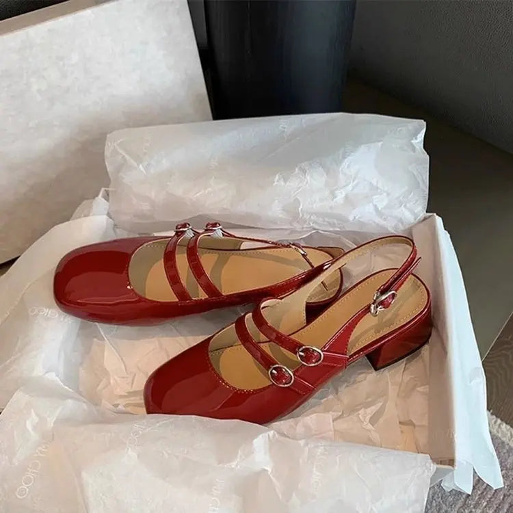 2025 Burgundy Mary Janes Square-Toe Double-Buckle Patent Leather Chunky Heel Shoes with Jean Styling