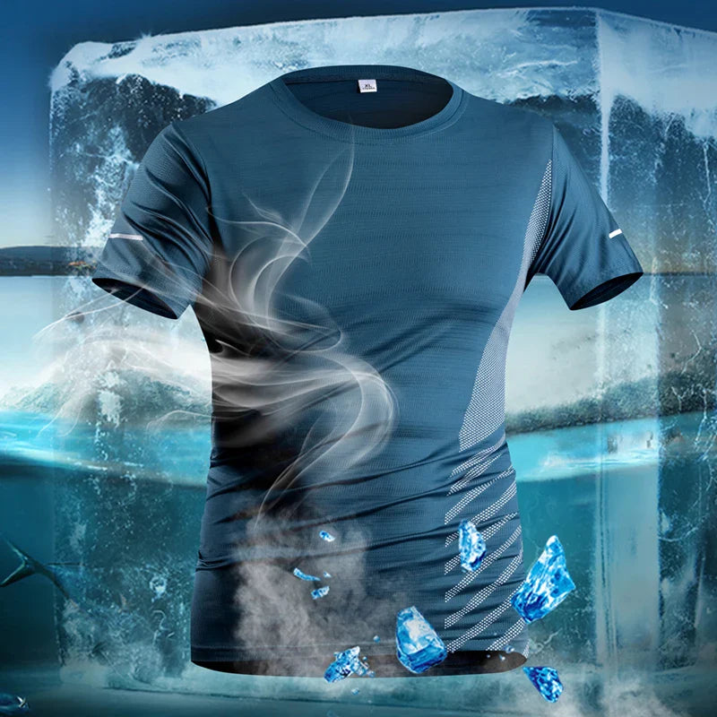 Camiseta de Corrida Masculina Verão Seda Gelo Fina Top Impressão Refletiva Secagem Rápida Manga Curta Respirável Fitness Esportiva Camiseta 5GG