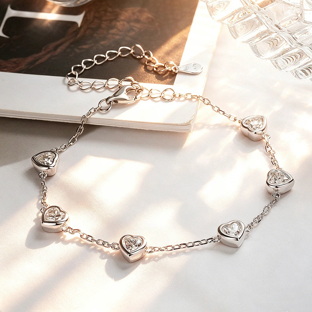 Certified 4mm Bezel Set Heart Cut Moissanite Diamond Bracelets for Women 100% S925 Silver Charm Bracelet Wrist Chain Adjustable