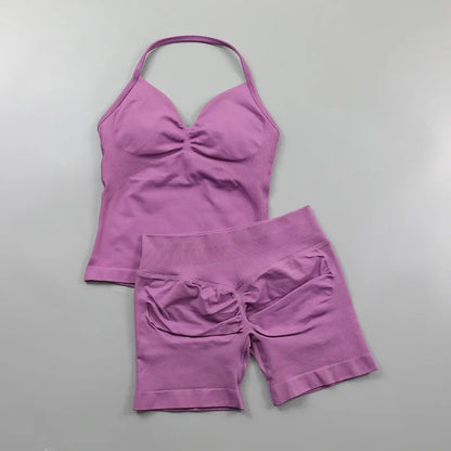 Yoga Longline Strappy Top Leggings Set Women's Backless Camisole Built-In bra Vest High-Waisted Hip Lift Gym Shorts Sports Set