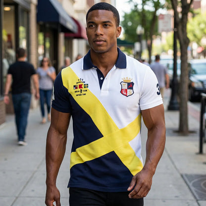 Men's polo shirt Short-sleeved casual fashion polo shirt cross stitching color contrast classic pattern embroidery stitching